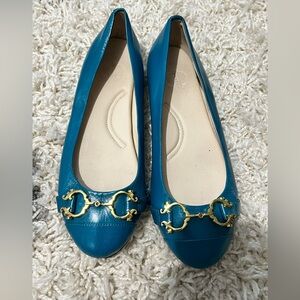 C Wonder Teal Leather Ballet Flats with Gold Horsebit Detail- like New/ Size 8